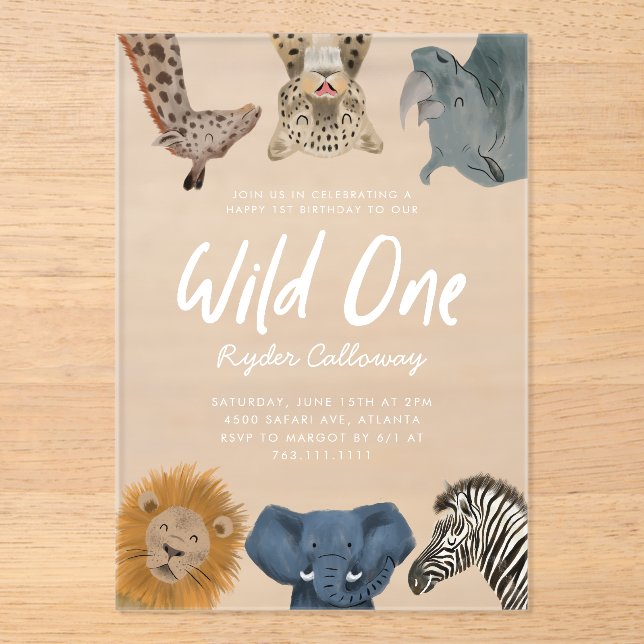 Wild One Safari Animals Boy Birthday Party Acrylic Invitations (Front)