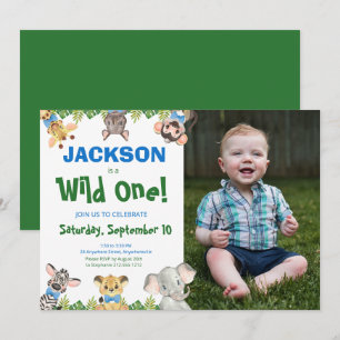 Wild One Safari Animals Boy Photo First Birthday I Invitation