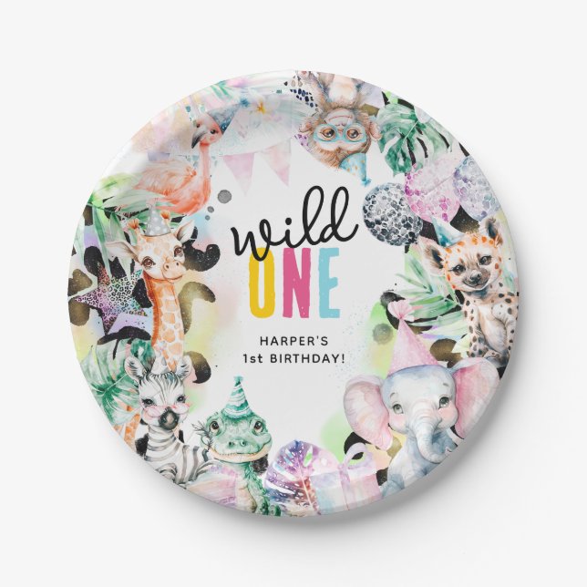 Wild ONE Safari Animals Cool 1st Birthday Paper Plate (Front)