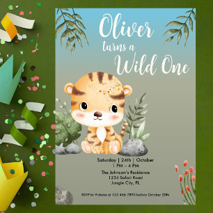 Wild One Safari Animals Cute Tiger 1st Birthday Invitation