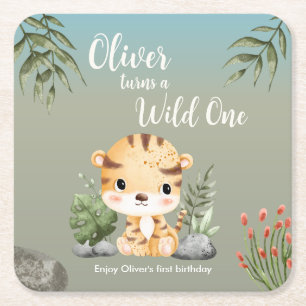 Wild One Safari Animals Cute Tiger 1st Birthday Square Paper Coaster