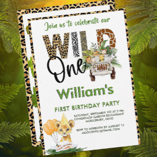 Wild One Safari Animals First Birthday Boy Invitation