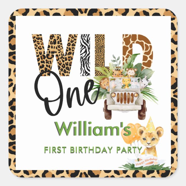Wild One Safari Animals First Birthday Boy  Square Sticker (Front)
