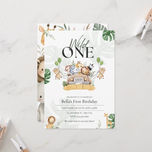 Wild One Safari Animals First Birthday for Kids Invitation (Front/Back In Situ)