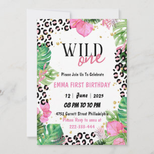Wild One Safari Animals girl's 1st Birthday Invitation