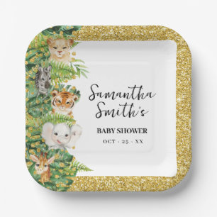 Wild One Safari Animals Gold Glitter Baby Shower P Paper Plate