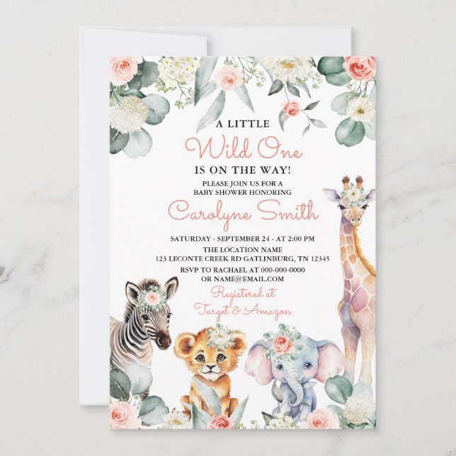 Wild One Safari Animals Greenery Baby Shower Girl Invitation (Front)