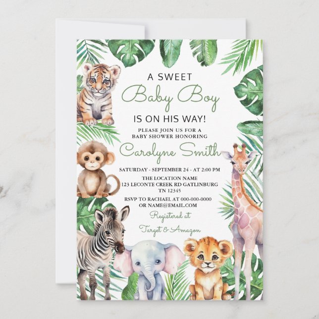 Wild One Safari Animals Greenery Baby Shower Invitation (Front)