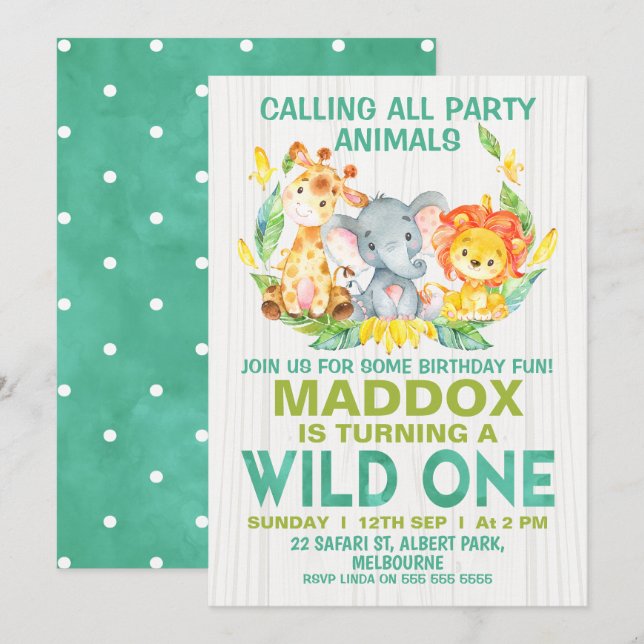 Wild One Safari Animals Invitation d'anniversaire (Devant / Derrière)