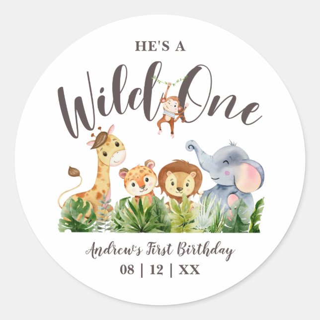 Wild One Safari Animals Kids Birthday Classic Round Sticker (Front)