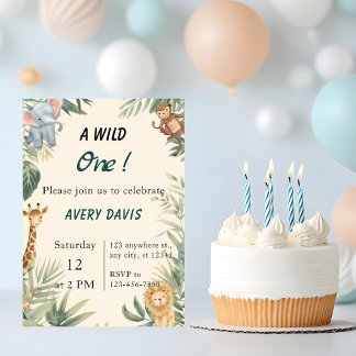Wild One Safari Animals Kids Birthday Invitation