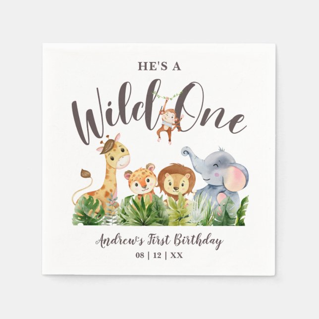 Wild One Safari Animals Kids Birthday Napkin (Front)