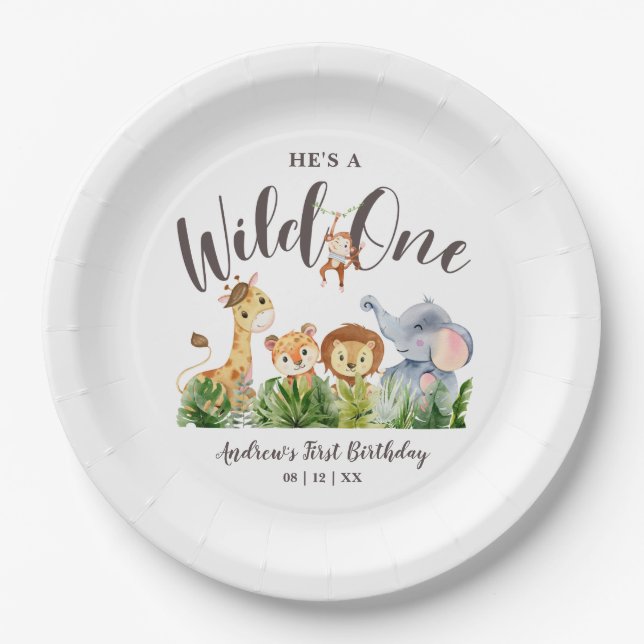 Wild One Safari Animals Kids Birthday Paper Plate (Front)