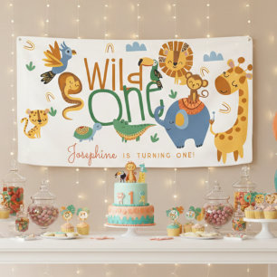 Wild one safari animals kids birthday party banner
