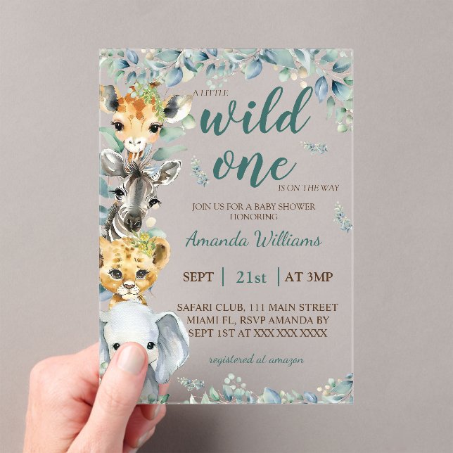 Wild One Safari Animals Sage Green Baby Shower Acrylic Invitations (Insitu (Handheld))