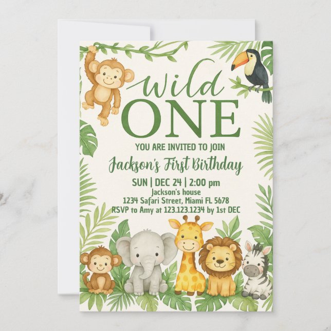 Wild One Safari Animaux Anniversaire Invitation (Devant)