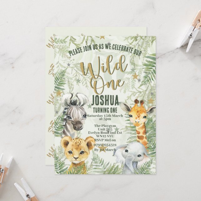 Wild One Safari Animaux Anniversaire Invitations (Devant/Arrière en situation)