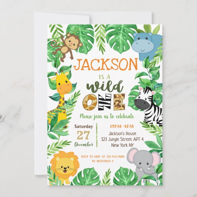 Wild One Safari Animaux Anniversaire Invitations (Devant)