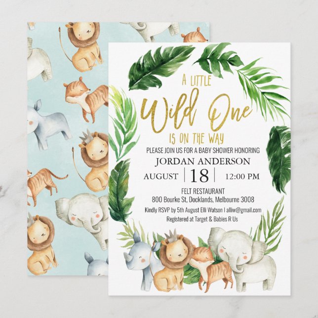 Wild One Safari Animaux Baby shower Invitation (Devant / Derrière)