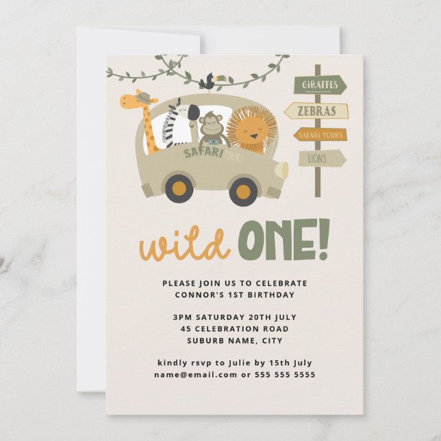 Wild One Safari Animaux Première Invitation Annive (Devant)