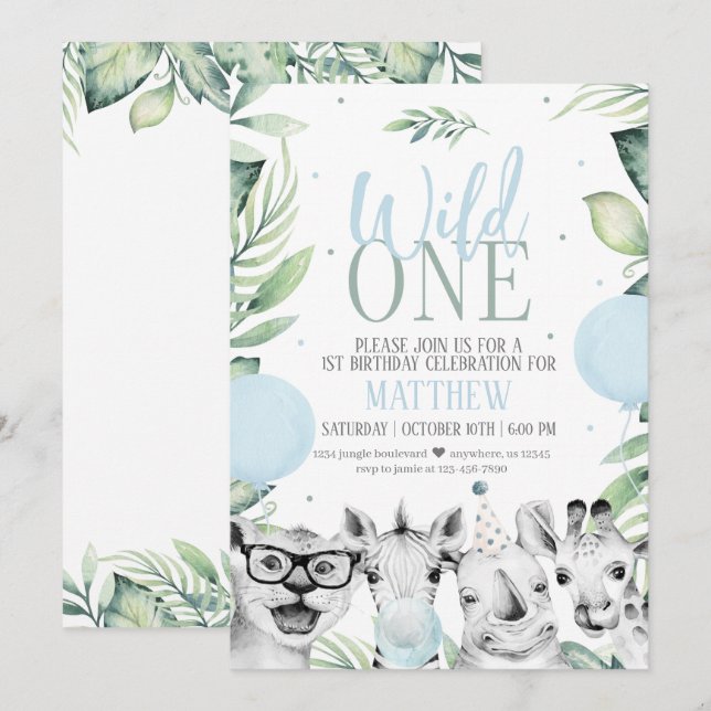 Wild One Safari Anniversaire Invitation pour un ga (Devant / Derrière)