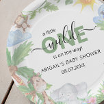 Wild One Safari Baby Shower Napkins Paper Plate<br><div class="desc">Baby shower paper plates featuring watercolor illustrations of a monkey,  parrot,  rhino and giraffe sitting amongst a green jungle background. The font styles,  size and colour can be changed by clicking on the customize further link after personalizing.</div>