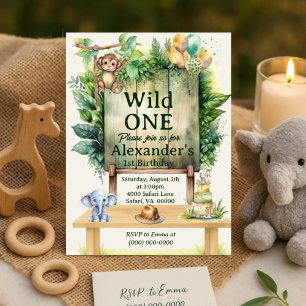 Wild ONE Safari Birthday Greenery Jungle Animals Invitation