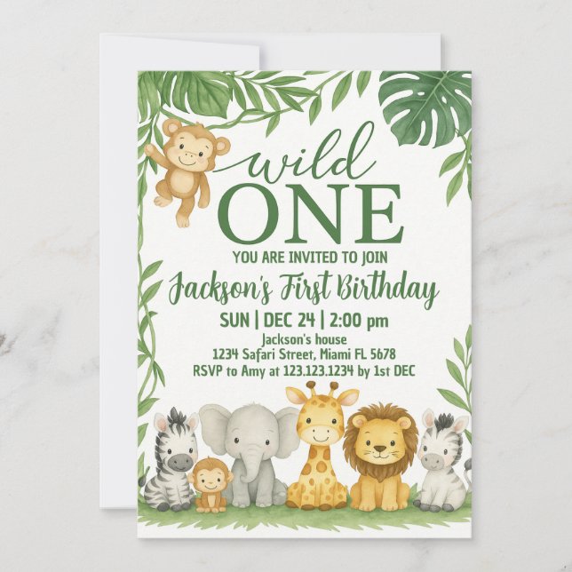 Wild One Safari Birthday Invitation (Front)