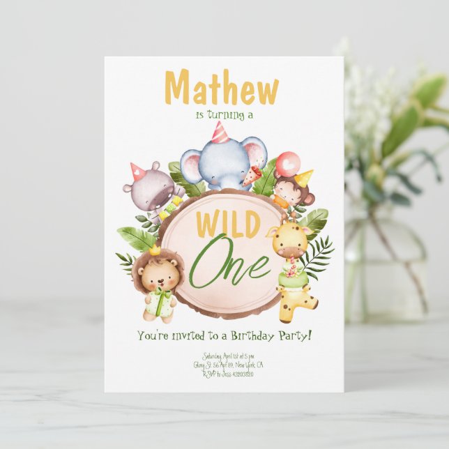 Wild One Safari Birthday party Invitation  (Standing Front)