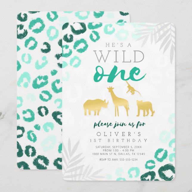 Wild One Safari Blue and Gold 1st Birthday Invitation (Front/Back)