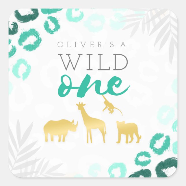 Wild One Safari Blue and Gold Leopard 1st Birthday Square Sticker (Front)