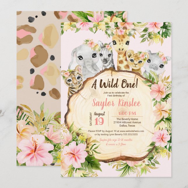 Wild One Safari Cute Animals Girl First Birthday Invitation (Front/Back)