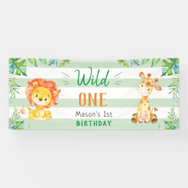 Wild One Safari First Birthday Boys Green Party Banner (Horizontal)