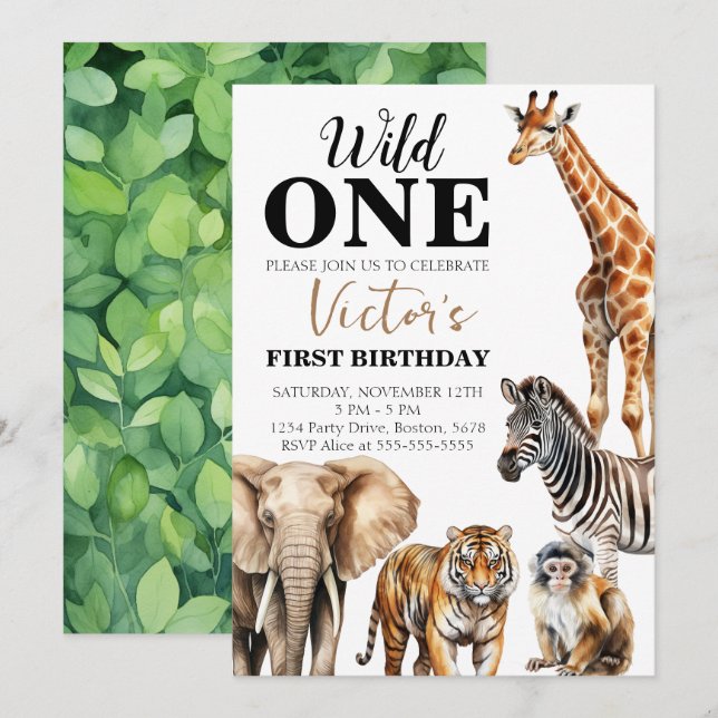 Wild One Safari First Birthday Invitation (Front/Back)