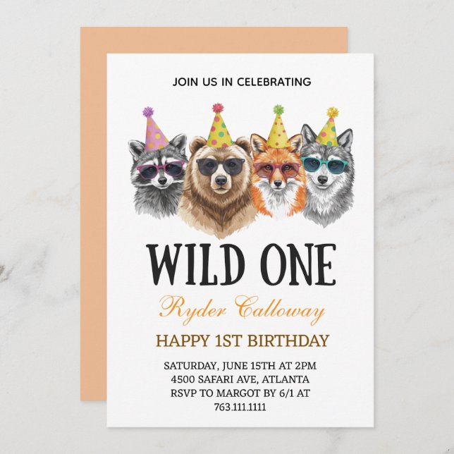 Wild One Safari First Birthday – Jungle Animal  Invitation (Front/Back)