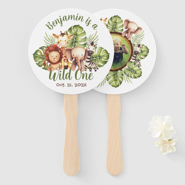 Wild One Safari First Birthday Photo Cute Animals  Hand Fan (Front and Back)