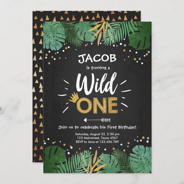 Wild One Safari Gold Boy Animals Birthday Party Invitation (Front/Back)