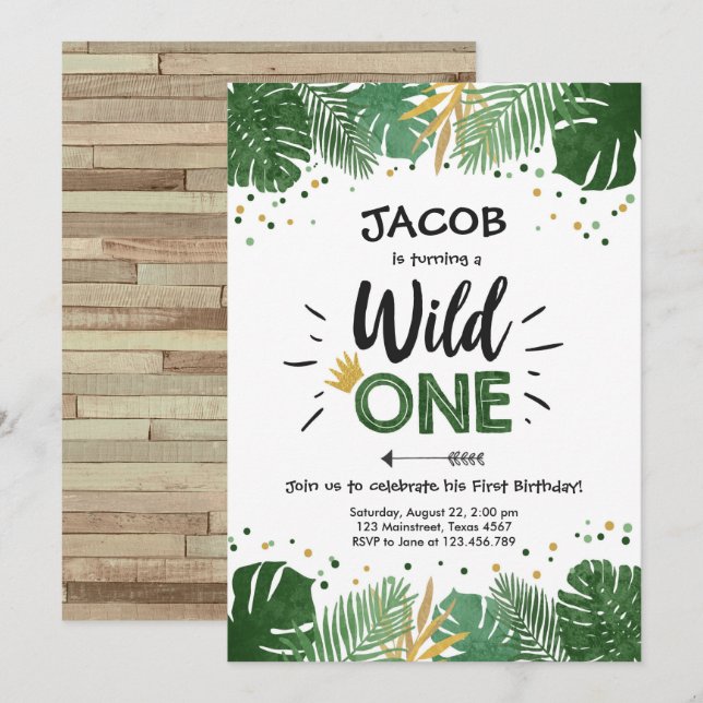 Wild One Safari Gold Boy Animals Birthday Party Invitation (Front/Back)