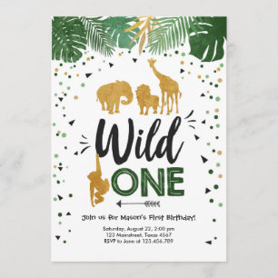 Wild One Safari Gold Boy Animals Birthday Party Invitation