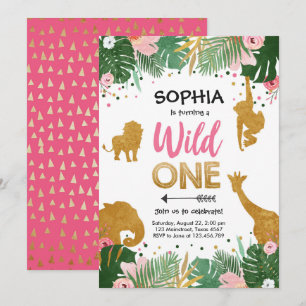 Wild One Safari Gold Girl Pink Animals Birthday Invitation