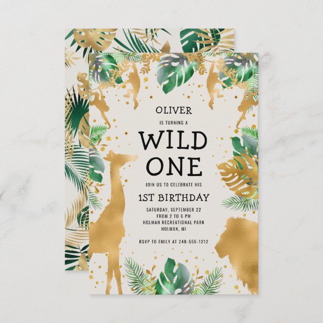 Wild One Safari Green Gold Ecru 1st Birthday Invitation (Front/Back)
