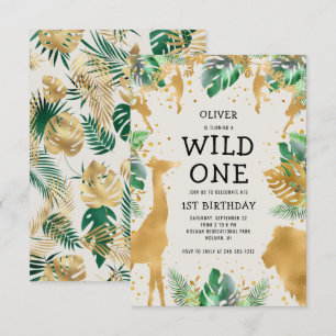 Wild One Safari Green Gold Ecru 1st Birthday Invitation
