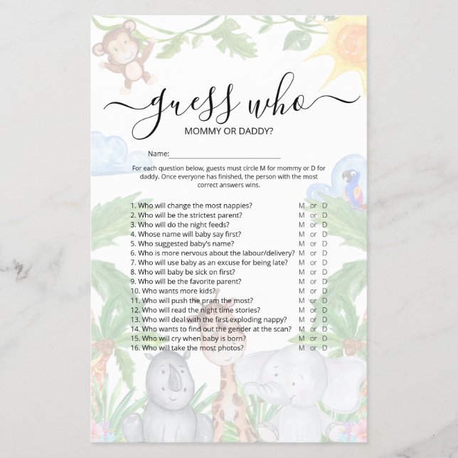 Wild One Safari 'Guess Who' Baby Shower Game Flyer (Front)