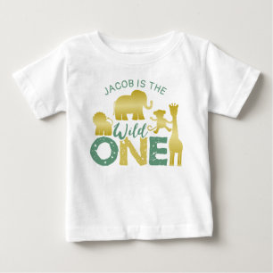 Wild One Safari Jungle 1st Birthday Gold Green Baby T-Shirt
