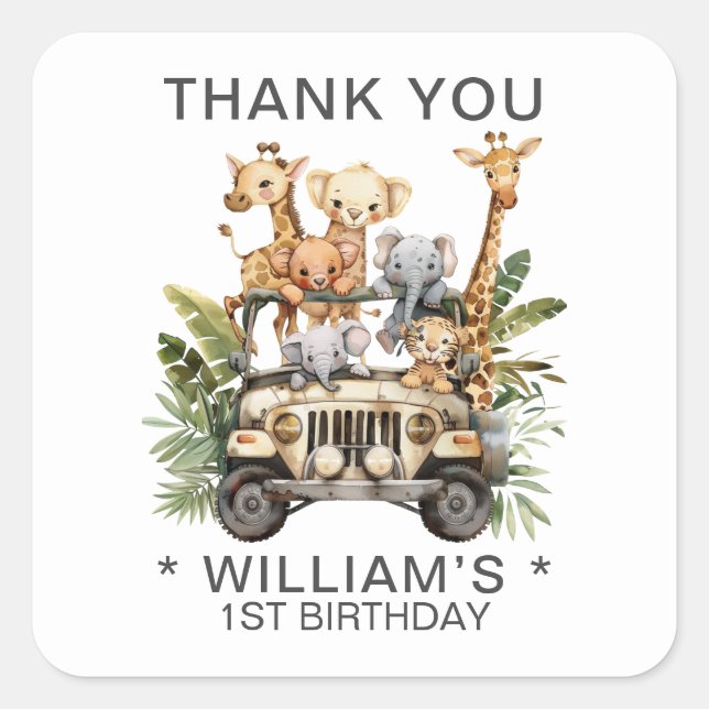 Wild One Safari Jungle 1st Birthday Thank You Square Sticker (Front)