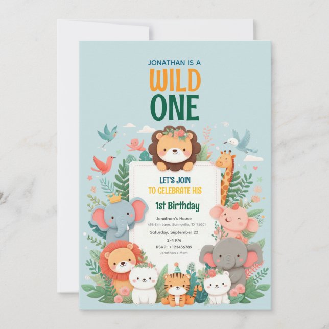 Wild One Safari Jungle Animal Invitation Anniversa (Devant)