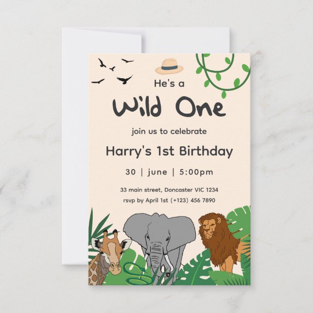 Wild One Safari Jungle Animals 1st Baby Birthday Invitation (Front)