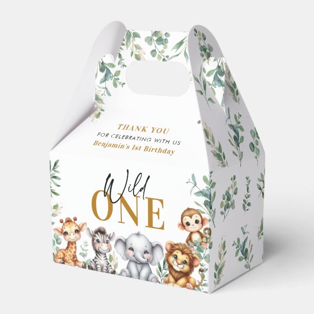 Wild One Safari Jungle Animals 1st Birthday Favor Box (Front Side)