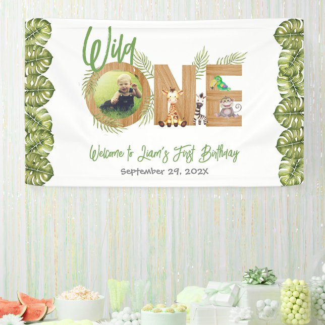 Wild One Safari Jungle Animals 1st Birthday Photo Banner (Creator Uploaded)