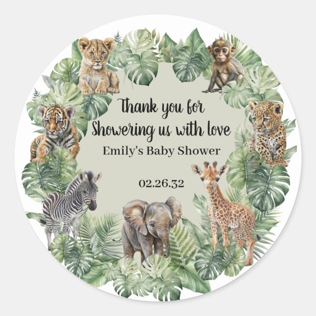 Wild One Safari Jungle Animals Boy Baby Shower  Classic Round Sticker (Front)